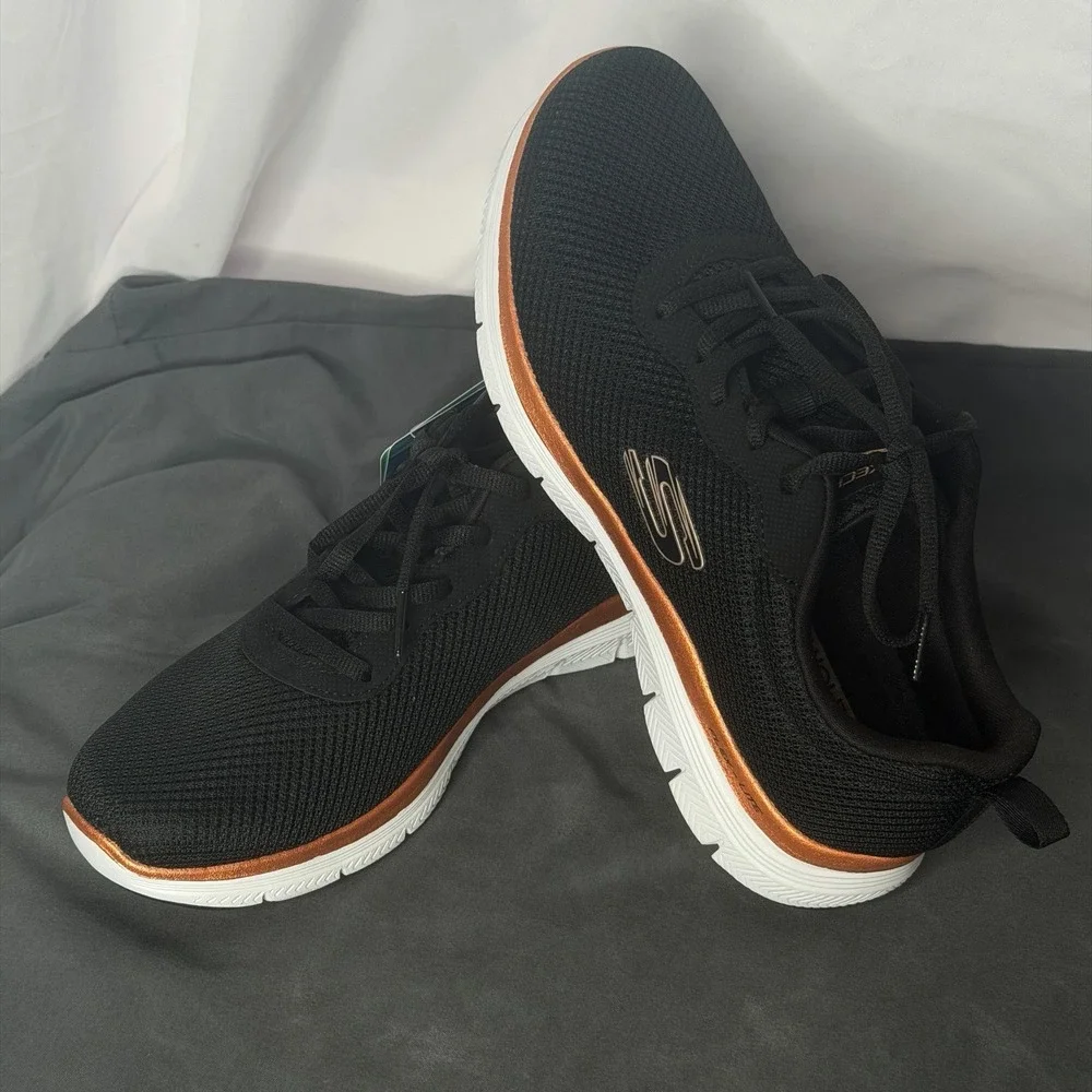 Skechers Flex Appeal 4.0 Black/Rose Gold Lace Up Sneakers. Sz. 7.5 NWT